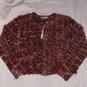 Zara Women's Red and Brown Textured Cardigan